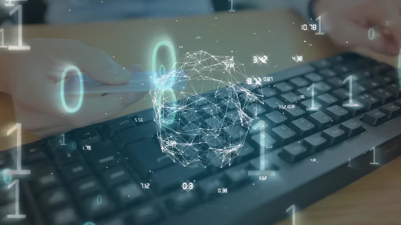 animación de la red de conexiones y codificación binaria sobre mujer pagando en línea con tarjeta de crédito