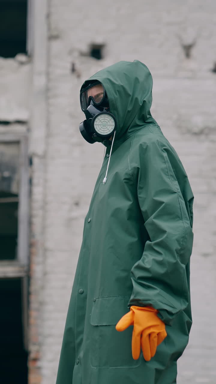Perplexed survivor in abandoned place. Human in safety uniform and gas mask standing alone and looking to the sides on the background of destroyed buildings. Vertical video