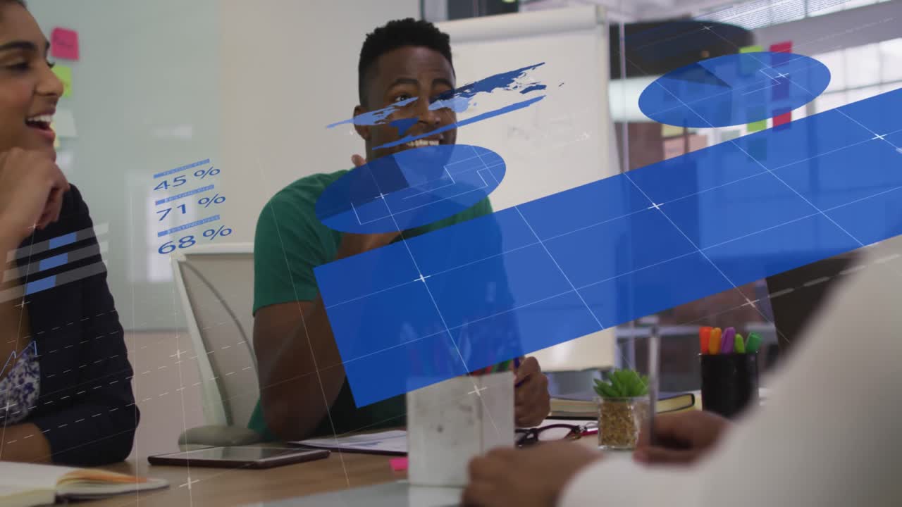 Animation of infographic interface over diverse coworkers sharing ideas in meeting at office