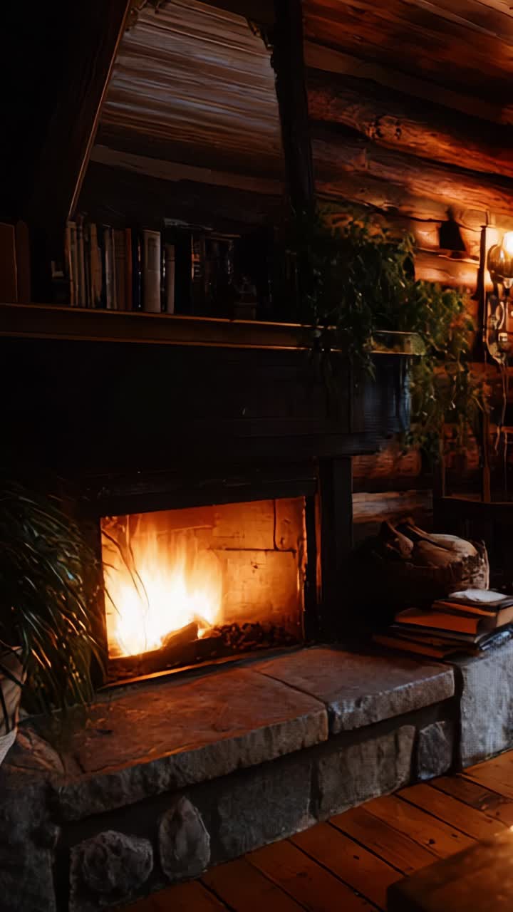 Cozy Interior with a Fireplace: A Warm and Inviting Setting That Highlights Natural Wood Elements and a Beautiful Fire's Glow in a Rustic Atmosphere