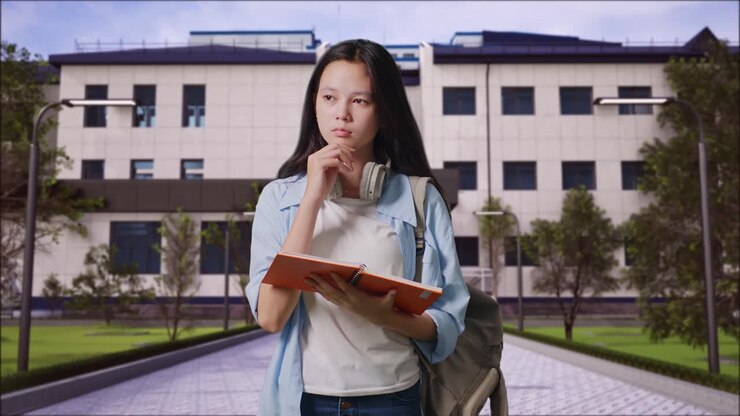 Adolescente che studia nel campus