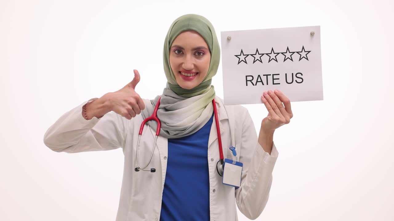 Female Doctor in Hijab Holds 'Rate Us' Sign Encouraging Feedback