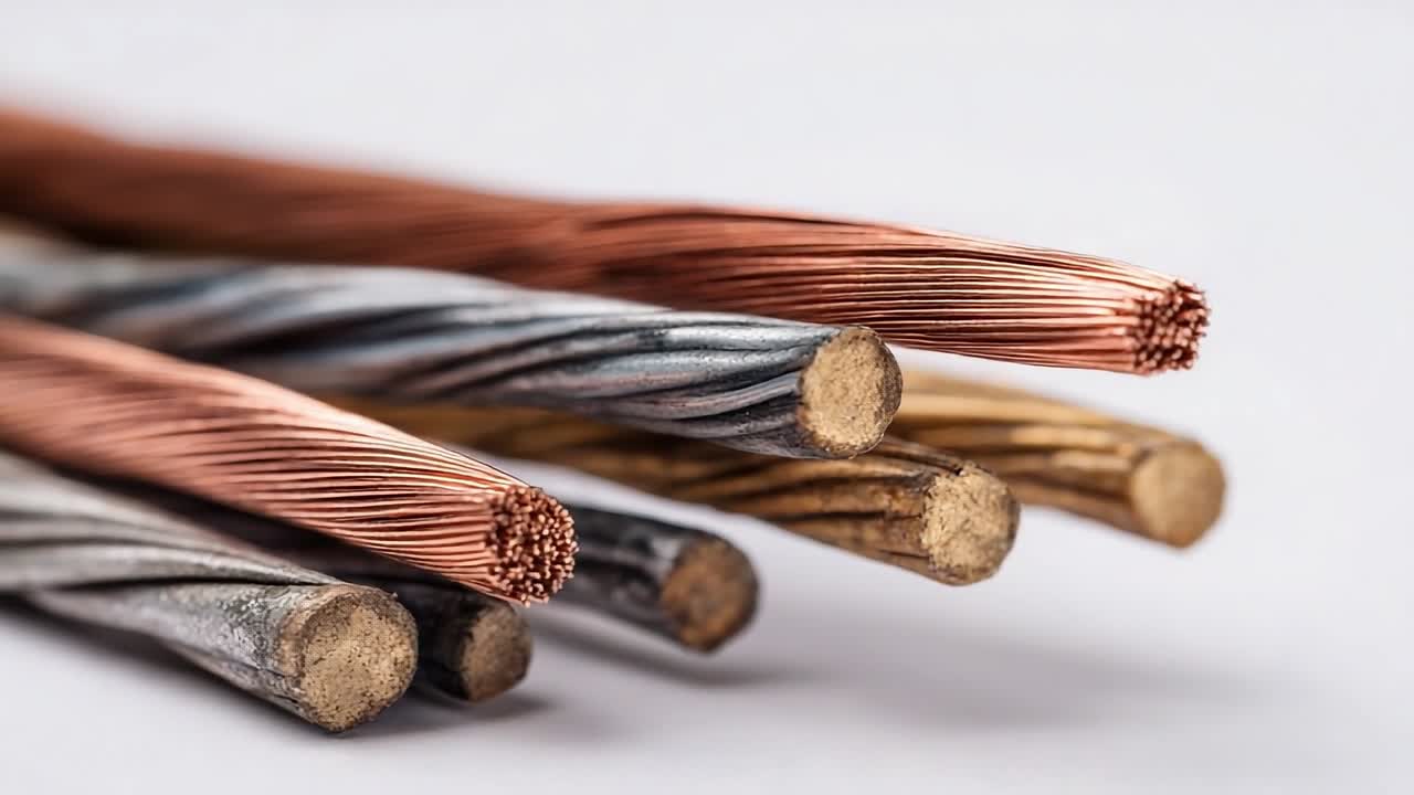 Nærbillede af forskellige elektriske ledninger og kabler på hvidt
