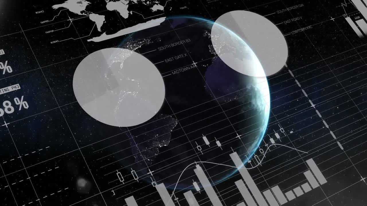 Animation of financial data processing over globe