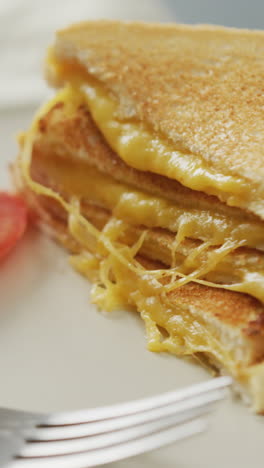 video de sándwich de pan blanco con queso recién preparado con tomates y tenedor en un plato blanco