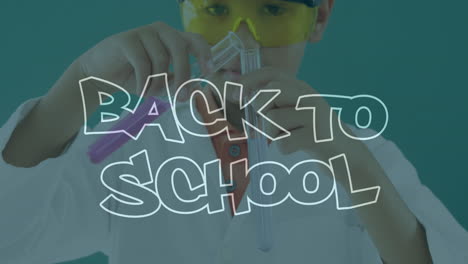 animación del texto de regreso a la escuela sobre el niño caucásico en el laboratorio