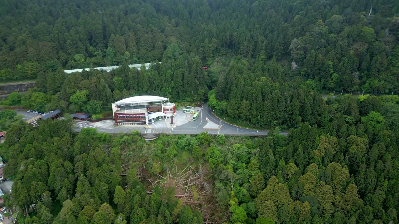 Alishan national forest recreation area, lush forest landscape in taiwan, aerial view