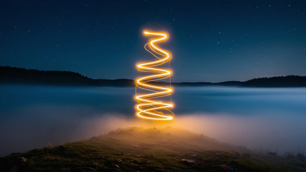 A Mesmerizing Light Spiral Takes Shape in the Night Sky, Illuminating the Foggy Landscape with a Warm Glow, Captured in Stunning Detail Against the Starry Background