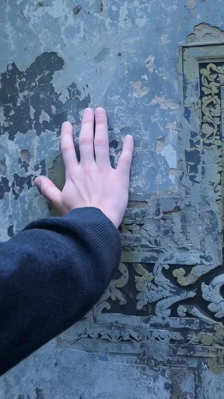 Video verticale: Mano sinistra che si allunga su un pannello invecchiato, ispezionando la vernice scrostata con una manica scura.