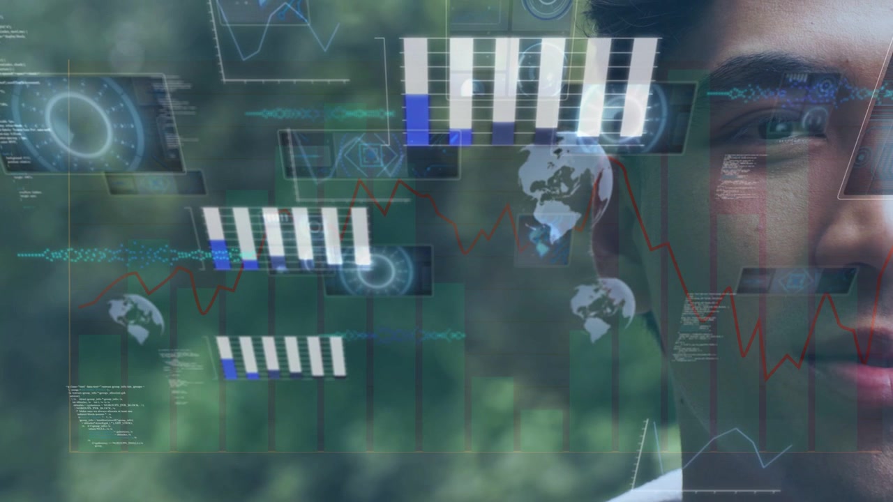 Man on right facing forward, HUD overlay appearing, bars and globes aligning with gaze, showing AR