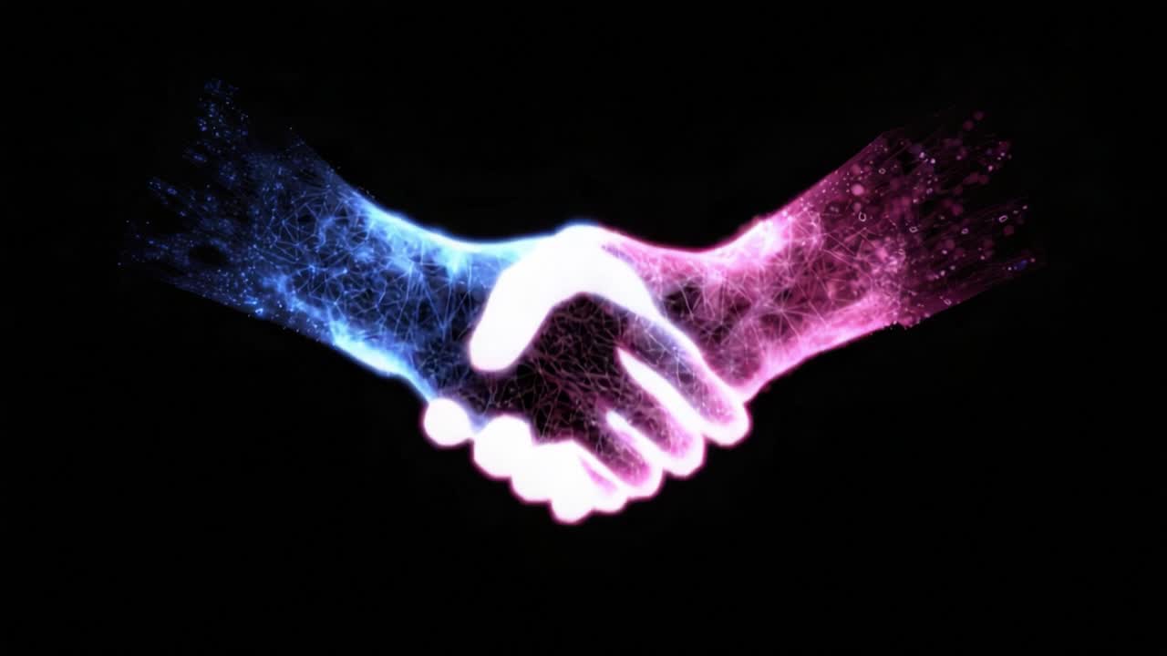 Futuristic digital handshake animation with glowing particles forming a plexus network, representing a virtual business agreement, a technology partnership, and a successful secure deal