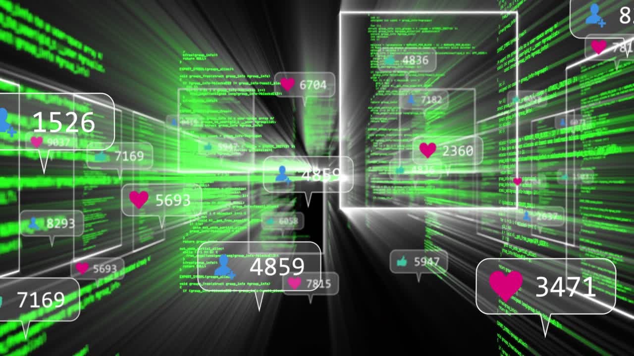 Glowing frame appearing, wireframe panels surging down data tunnel, code and bubbles showing counts