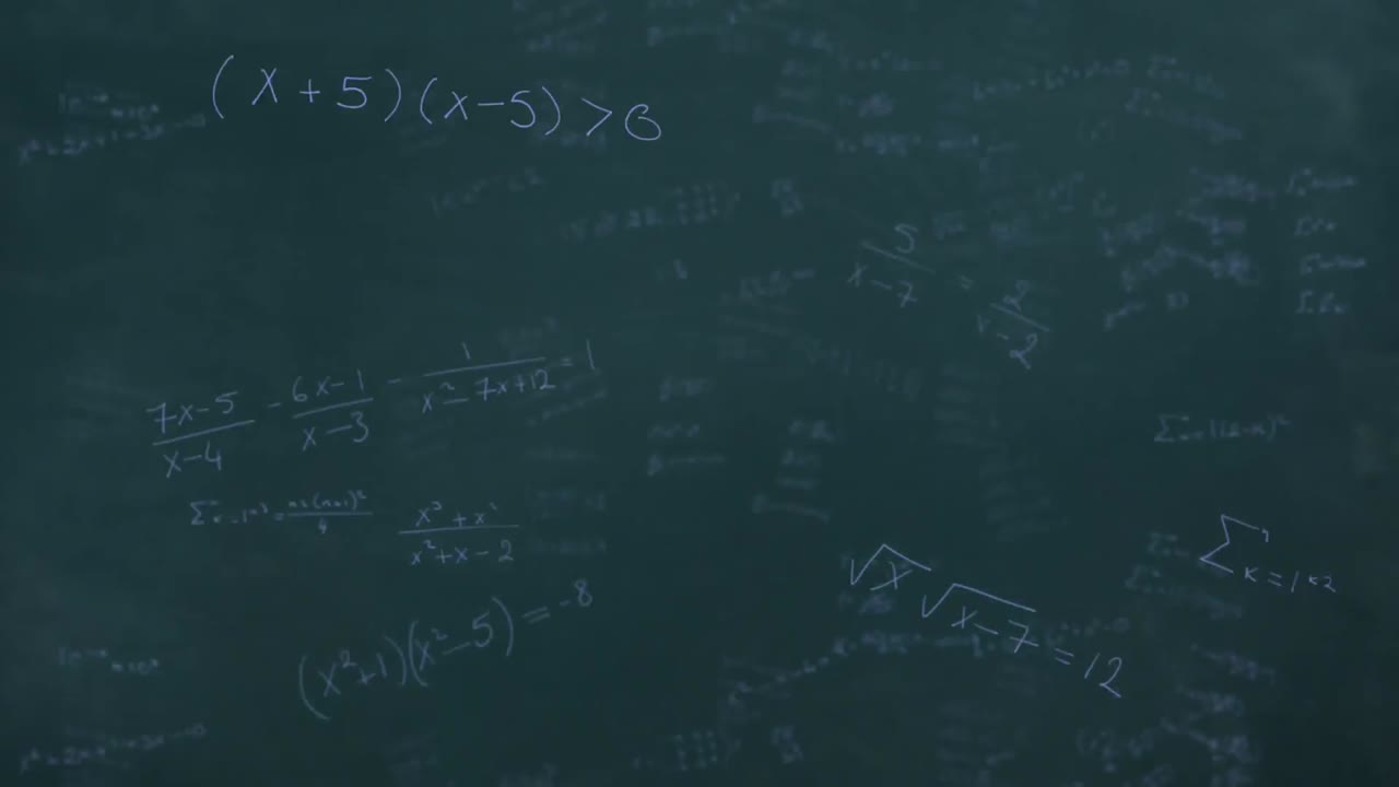 Mathematical equations moving against black board