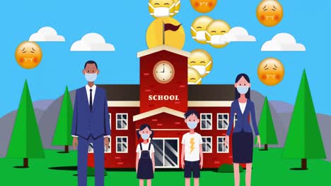 people and emojis wearing masks with school building.