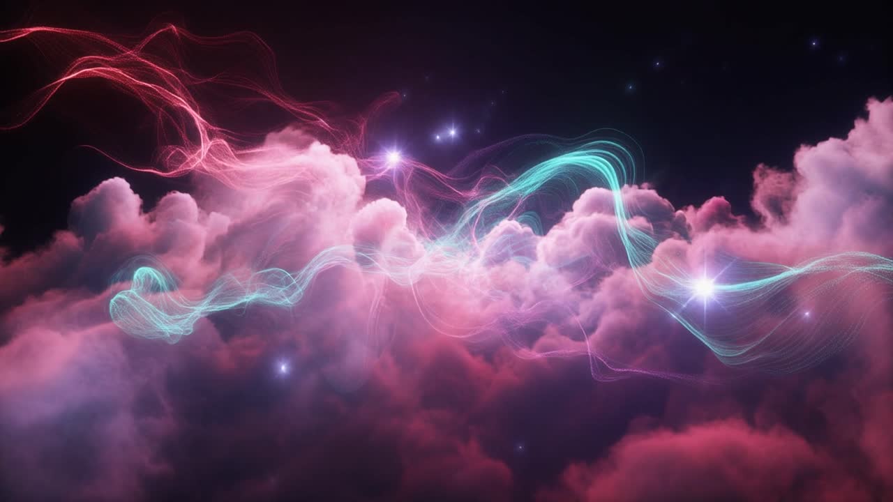 Nuvole Astratte con Scie di Energia Luminose nel Cielo Scuro