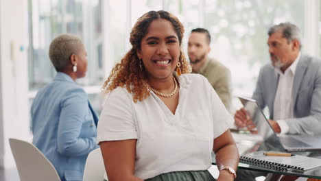 Face,-black-woman-and-leader-in-meeting