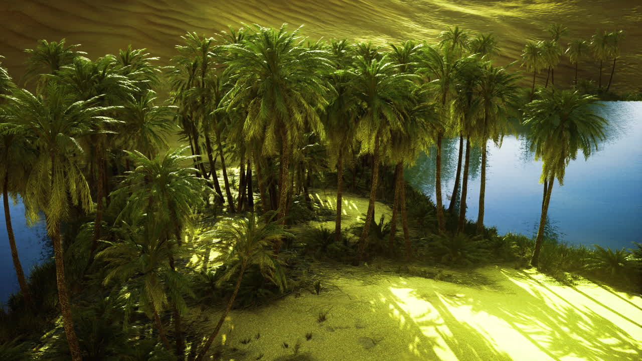 пальмовый оазис у спокойного озера, окруженного золотыми песчаными дюнами в полдень