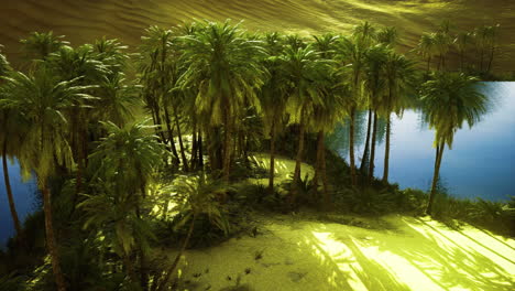 oasis de palmeras junto a un lago tranquilo rodeado de dunas de arena dorada al mediodía