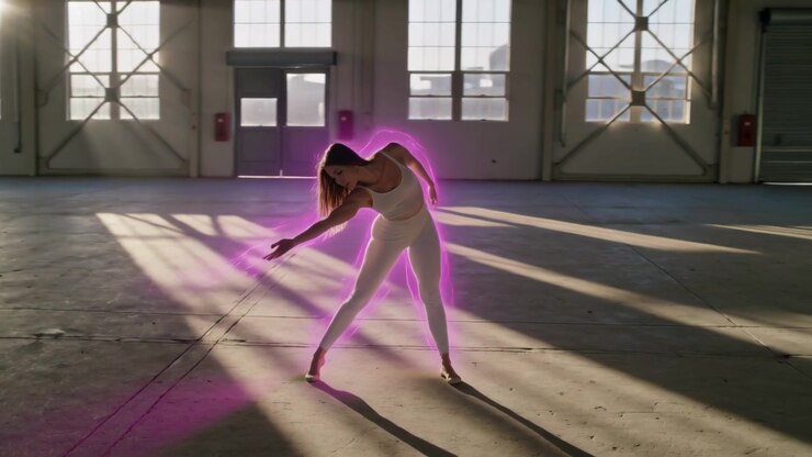 Ballerina che sposta il peso e allunga il braccio, praticando in un magazzino, indossando abbigliamento sportivo con un bagliore viola.