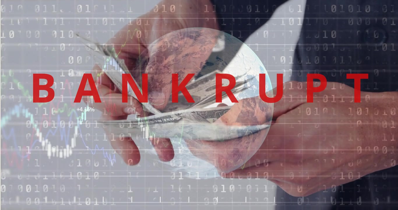 BANKRUPT appearing, hands fanning, counting US bills with globe chart overlays showing collapse