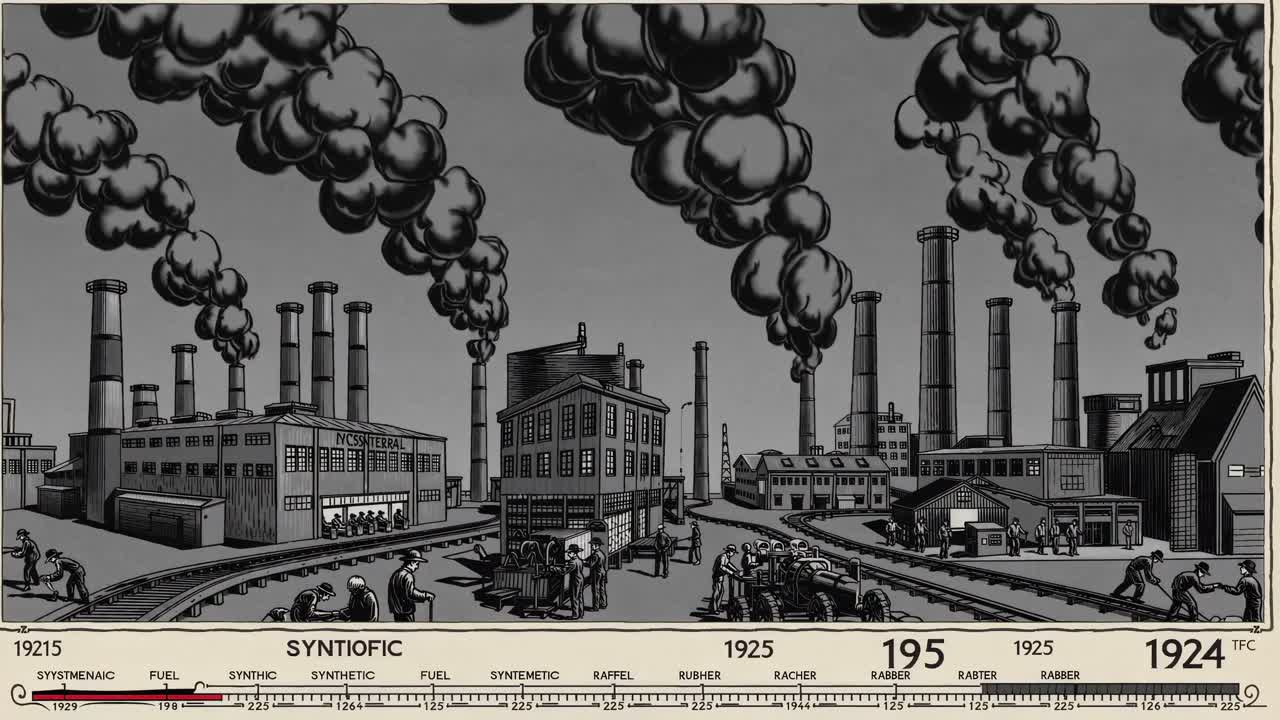 A vintage-style illustration shows a low-angle view of an industrial landscape with factories