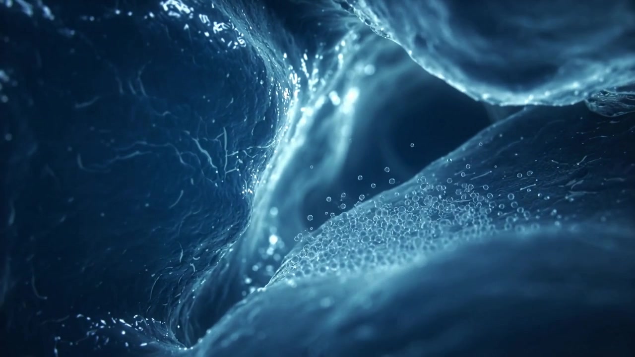 Membrane ondulate spinte dalla corrente che spingono microbolle attraverso una micro fessura, depositandosi sotto.