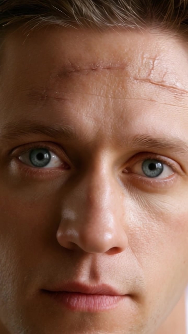 A Close-Up Look at a Man with Scarring on His Forehead, Capturing the Intricate Details of Emotion and Resilience in His Expression