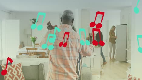 Animation-of-notes-over-diverse-group-of-seniors-dancing