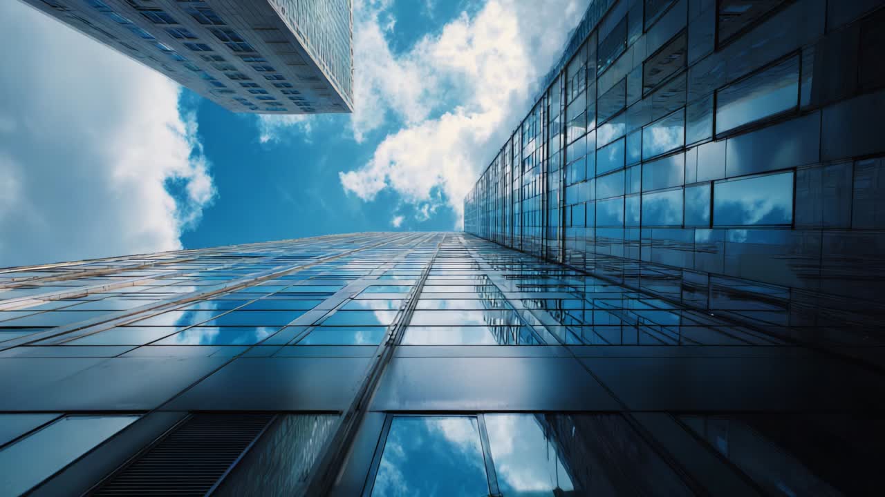 Perspectivas cativantes da arquitetura urbana: uma exploração impressionante de arranha-céus modernos, com ênfase em reflexos e vistas do céu, mostrando fachadas de vidro cintilantes sob um céu azul brilhante