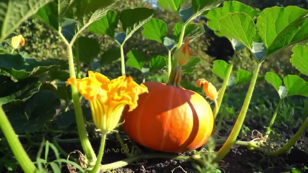 A lively garden showcases a bright orange pumpkin nestled among vibrant yellow flowers. The setting emphasizes the beauty of nature in autumn with lush green leaves surrounding the pumpkin.