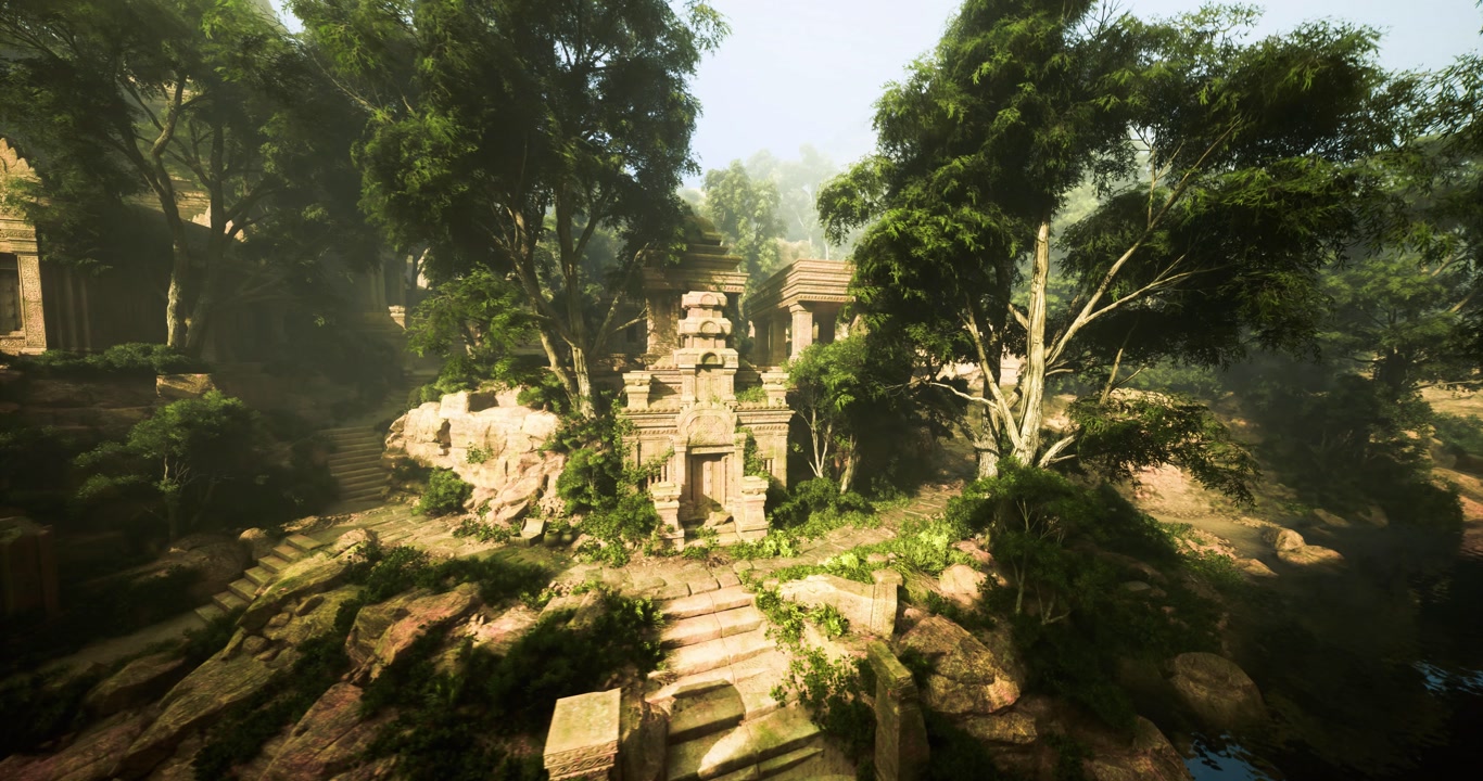 Quiet stone structure adorned with detailed carving and organic roots