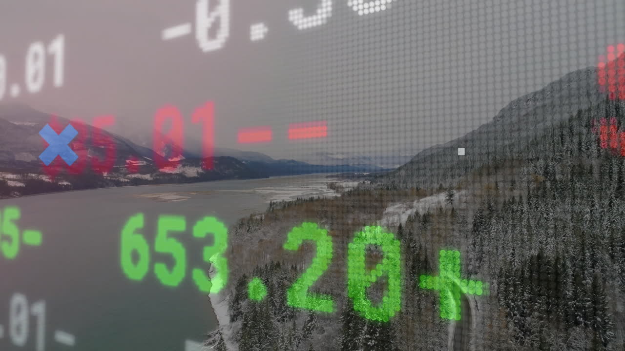 Stock market data animation over snowy mountain landscape and river