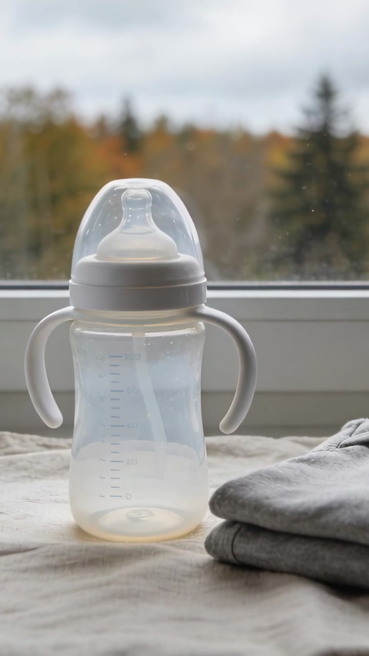 Vertical video: Zooming camera through frames focusing baby bottle capped on sill, showing size