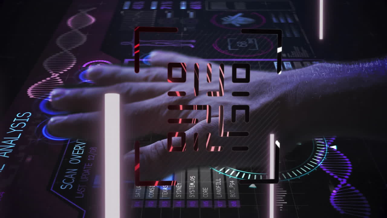 Interacting with digital animation, hand scanning data on futuristic interface