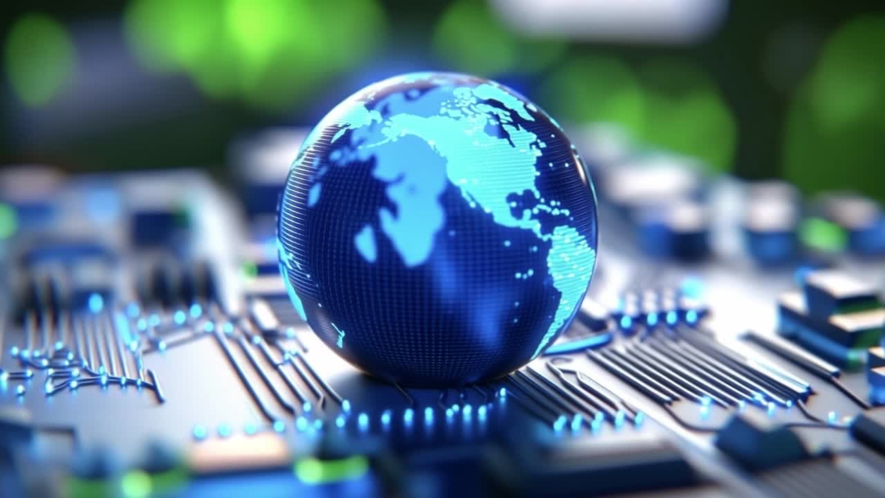 Tech globe on circuit board. A digital globe is displayed above a circuit board, showcasing vibrant blue colors in a tech-themed setting.