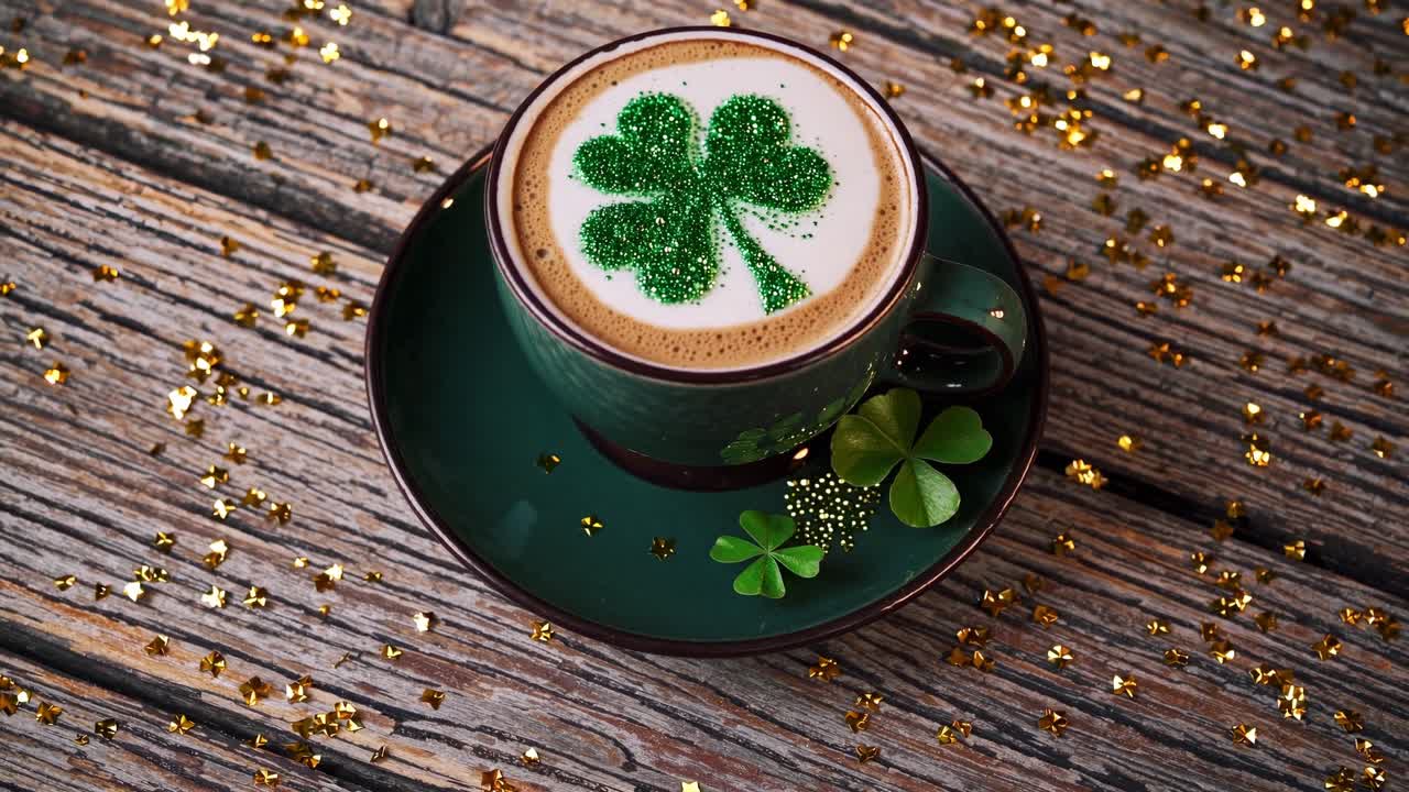 Six identical cappuccinos adorned with shamrock decorations sitting on wooden table sprinkled with golden confetti, embodying St. Patrick's Day festive spirit and Irish coffee culture