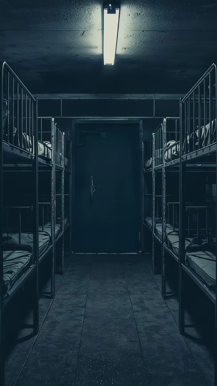 Vertical video: Recording camera holding central dorm hall view with metal bunks, closed metal door