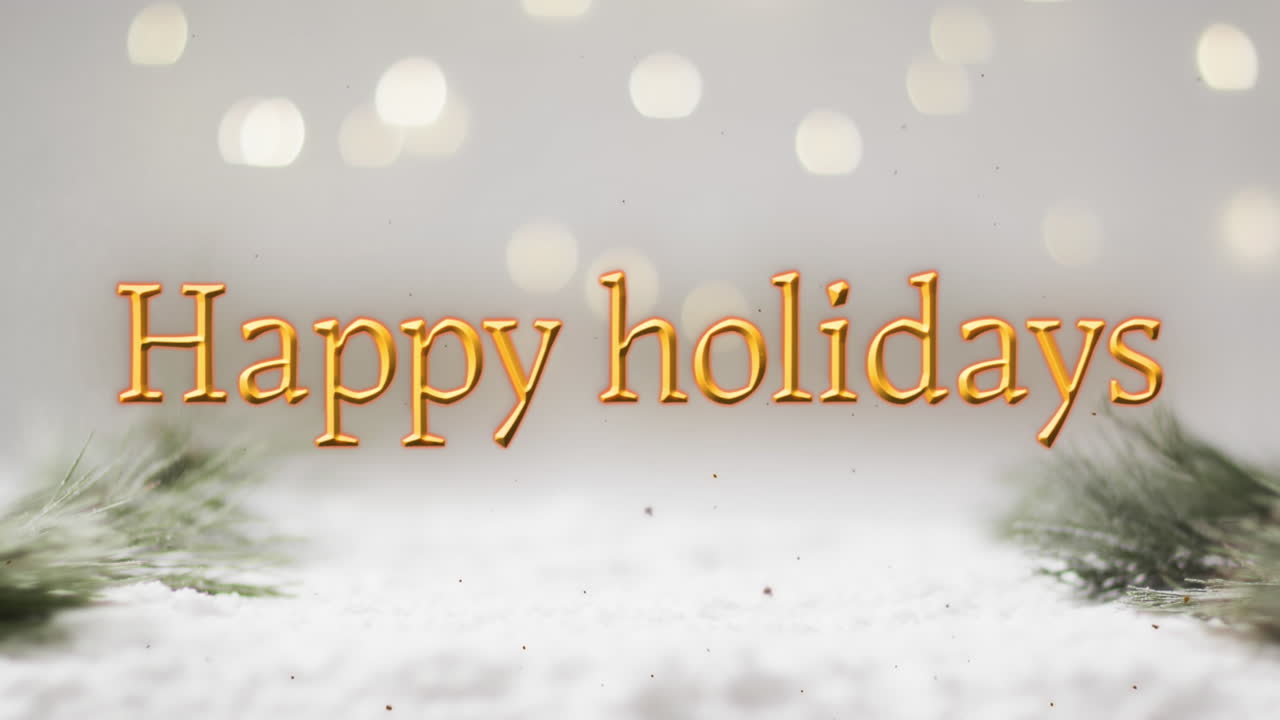 Happy holidays text over christmas snow, trees and bokeh lights background