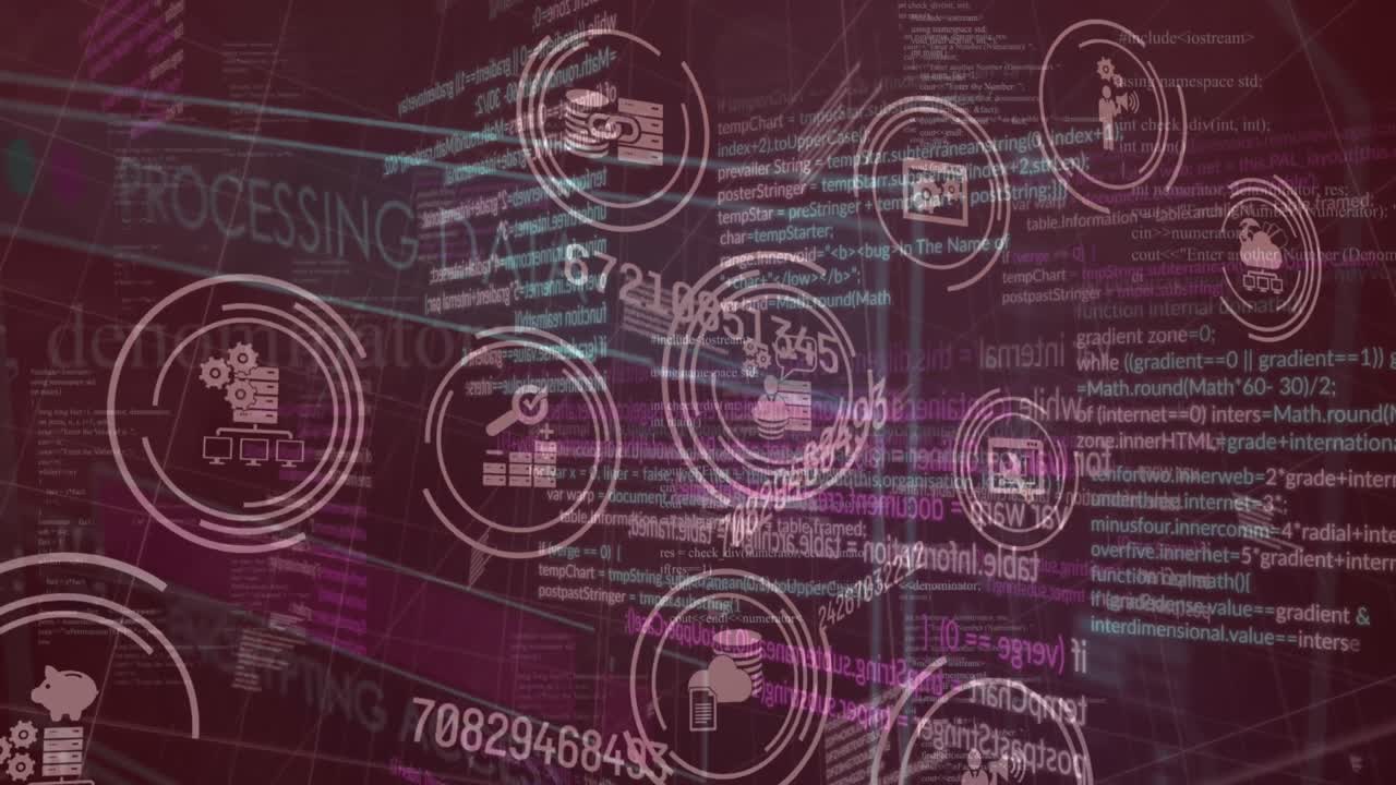 animation mehrerer digitaler ikonen und schnittstelle zur datenverarbeitung auf rosa gradienten-hintergrund