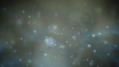 animation of christmas snowflakes falling over smoke and bokeh lights on black background