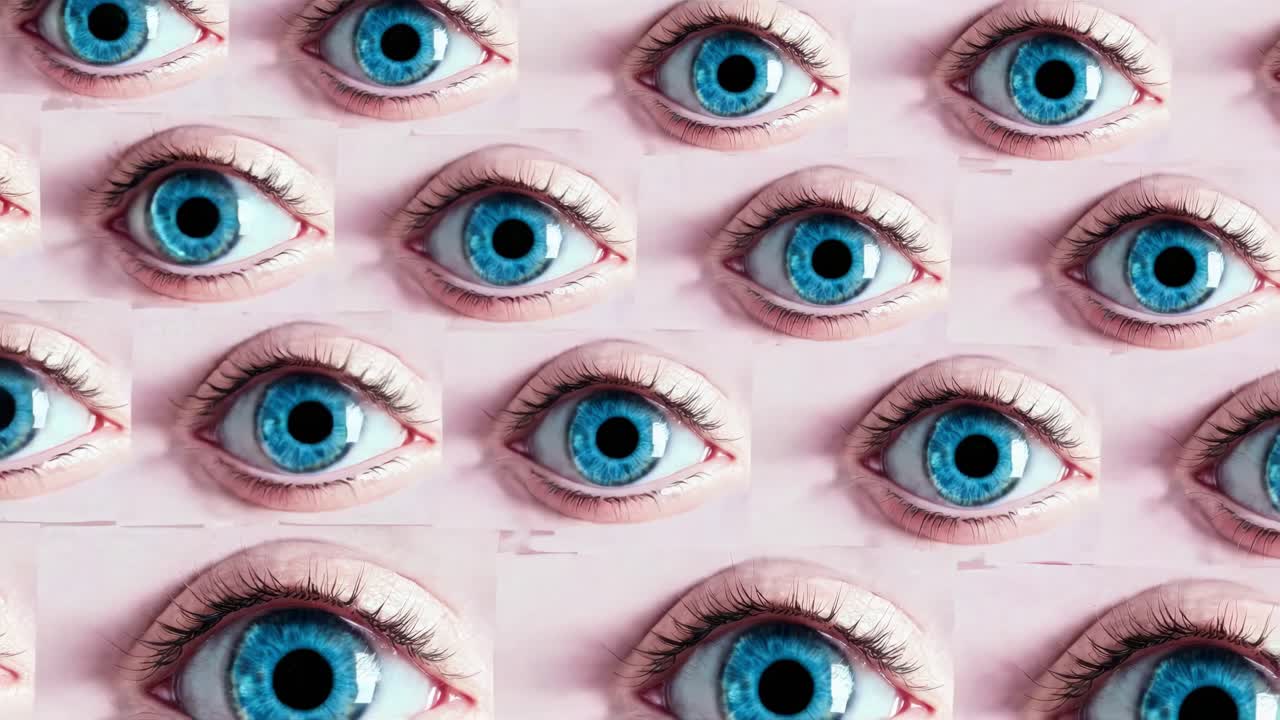 Surreal video concept featuring multiple blue eyes in close-up, arranged in a pattern