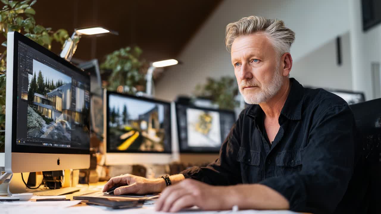 Focused Professional Engaged in Digital Design Work at Modern Creative Workspace Surrounded by Technology, Nature-Inspired Imagery, and a Serene Atmosphere of Inspiration and Concentration