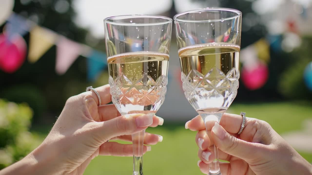To voksne holder champagneglas i en have, idet de klirrer med glassene til en skål, omgivet af flagguirlander og balloner.