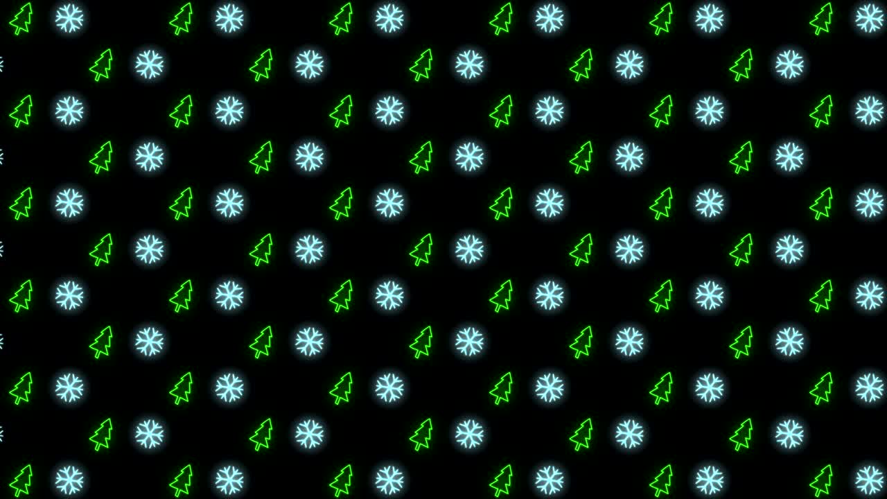 크리스마스 트리, 눈송이, 산타 모자 및 사탕 지팡이의 네온 크리스마스 패턴 배경 빨간색 흑백 반복 애니메이션