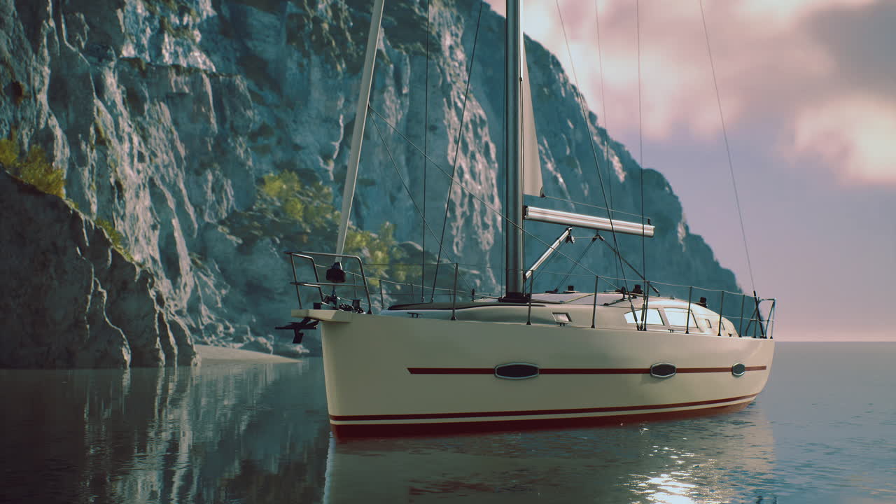 Sailing boat anchored near rocky shoreline at sunset with calm waters