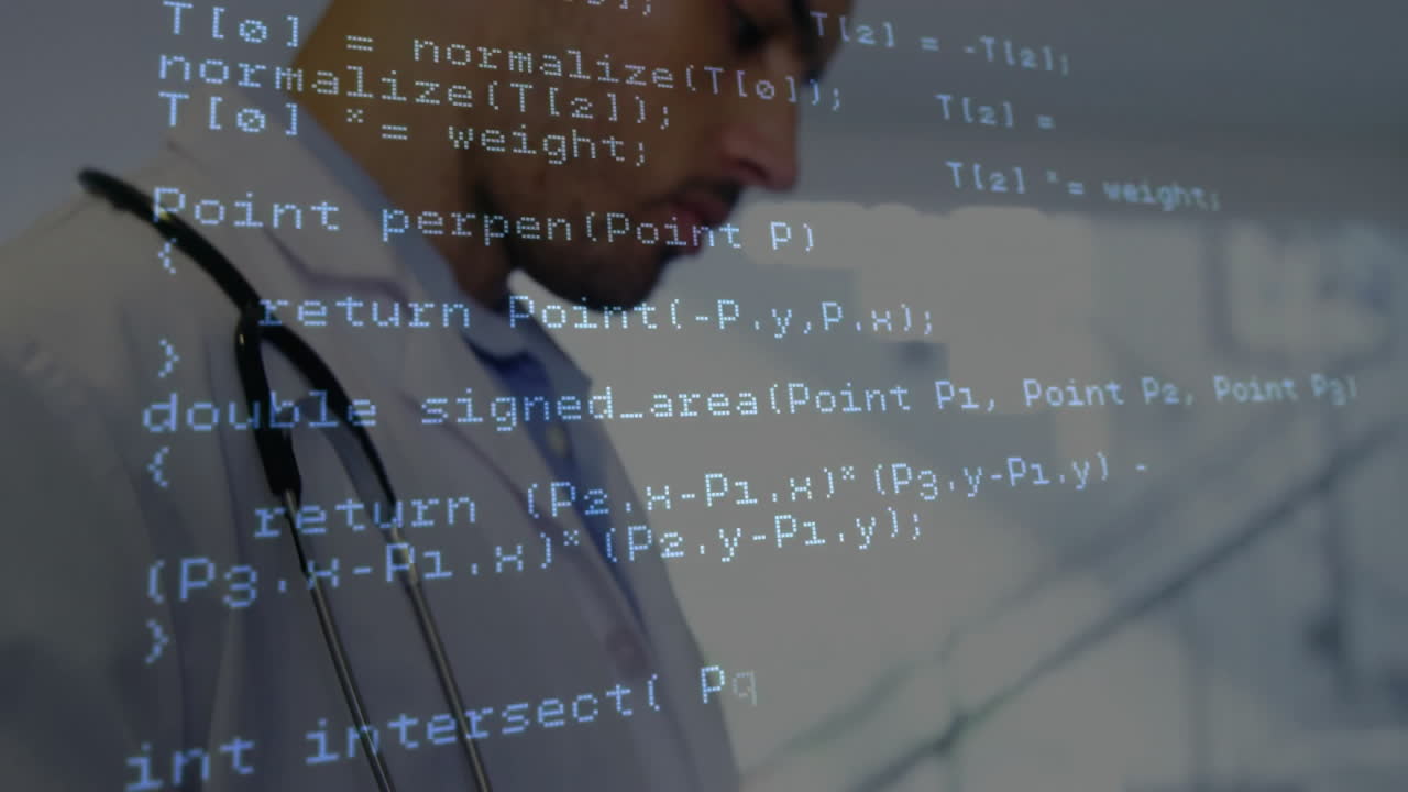 Working with computer code animation overlay, medical professional in modern office