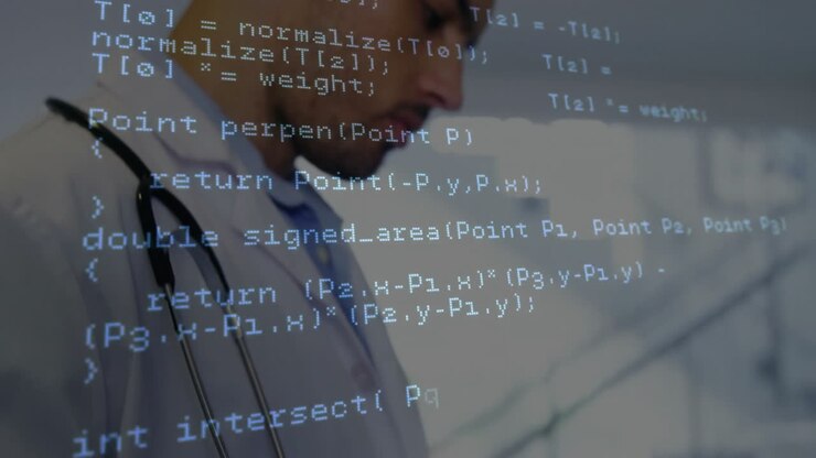 Working with computer code animation overlay, medical professional in modern office
