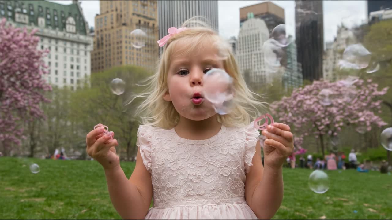 A Joyful Child Surrounded by Bubbles and Blooming Flowers in a Bustling Park, Capturing the Essence of Pure Happiness and Playfulness in Nature