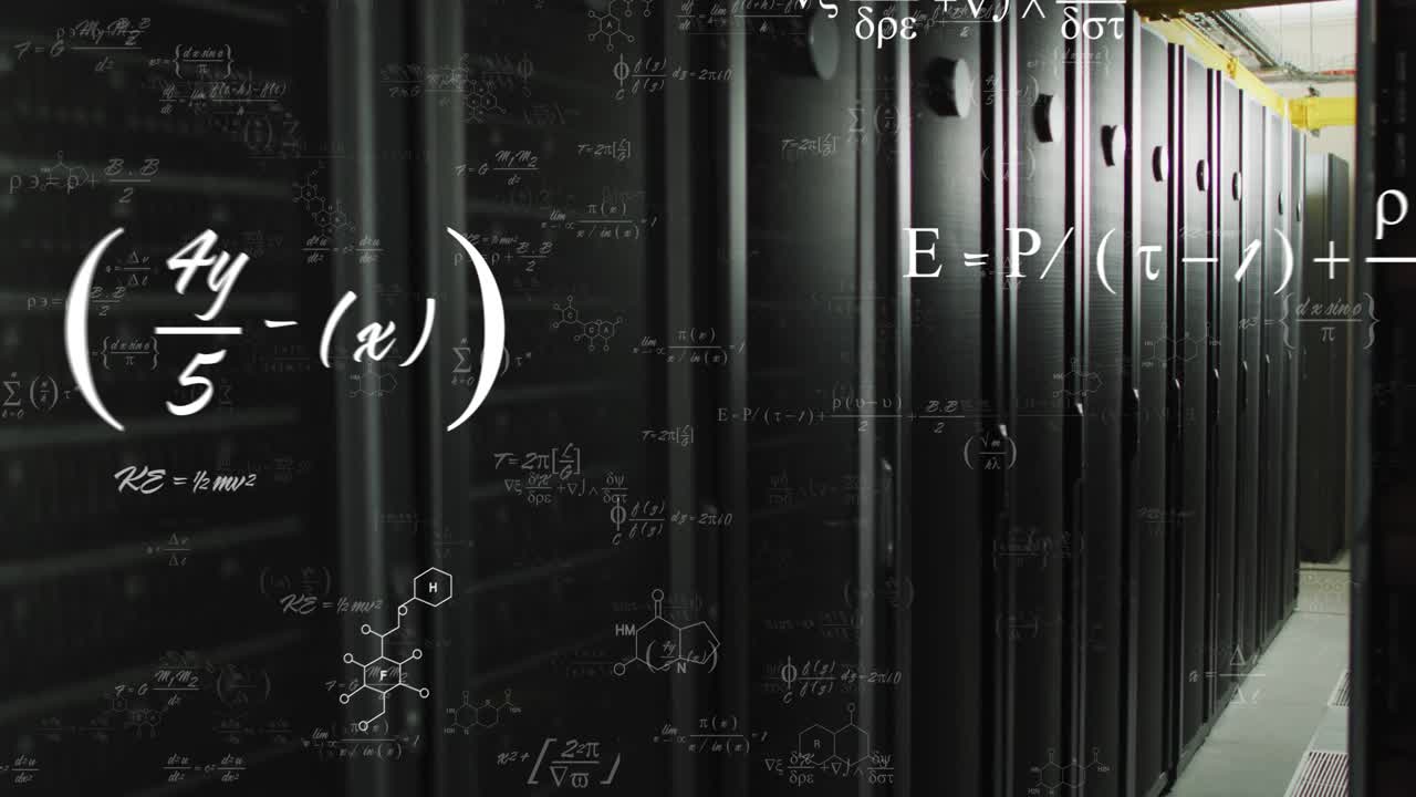 After pause formulas fading drifting across server racks, camera dollying forward visualizing data
