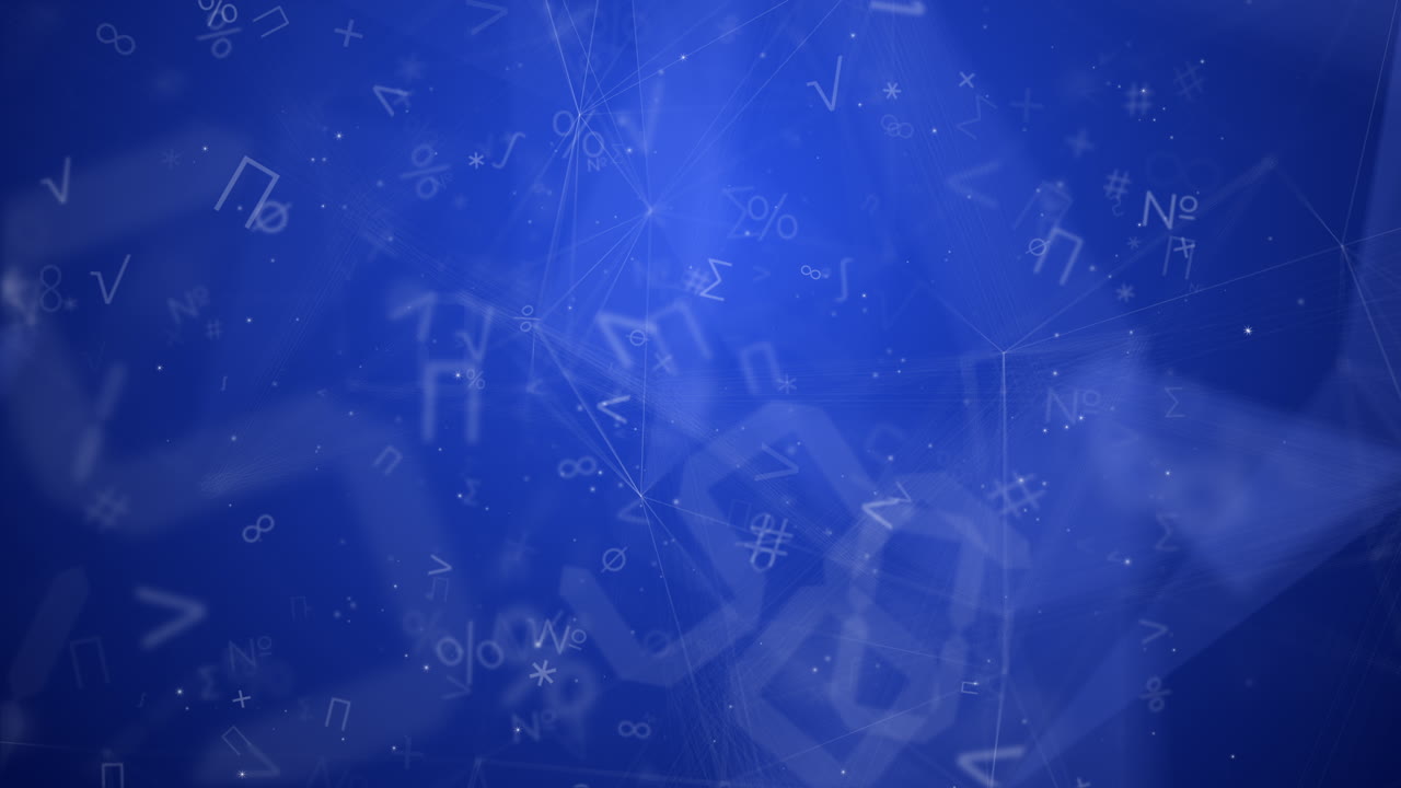 Animation of icons and changing mathematical symbols against blue background. Global networking and business technology concept. Plexus line. Loop animation.